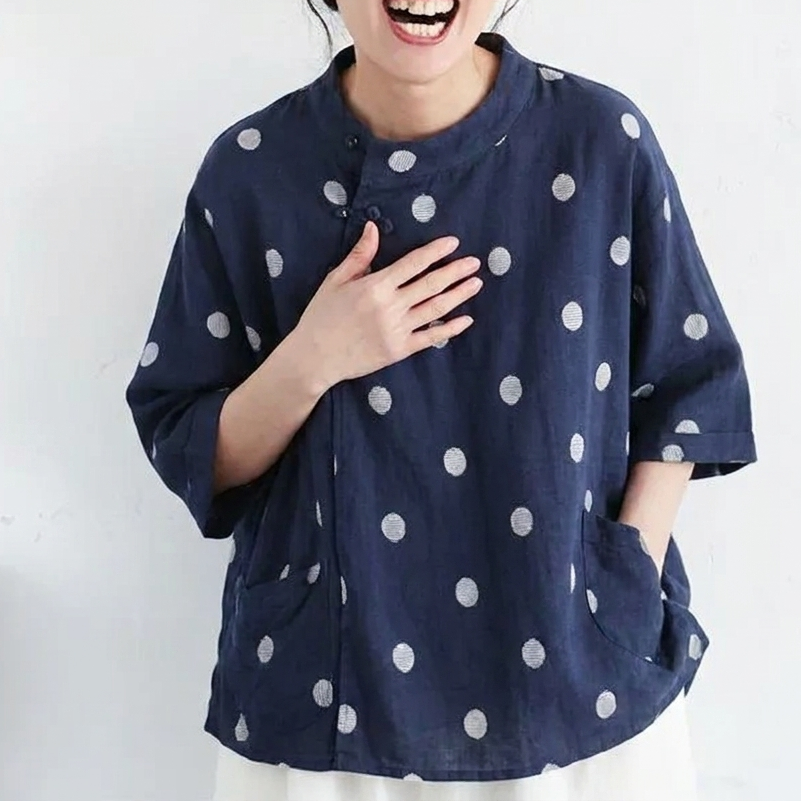 ゆったり 体型カバーも叶うコットンリネン風ドットブラウス(M~2XL) M ブルーホワイトドット