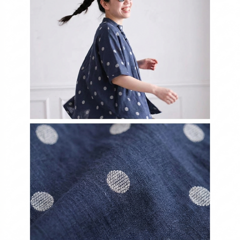 ゆったり 体型カバーも叶うコットンリネン風ドットブラウス(M~2XL) M ブルーホワイトドット