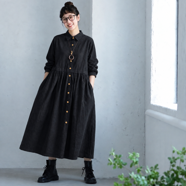 M-2XL コーデュロイ 折り襟 ギャザーデザイン カジュアル ロングワンピース M ブラック