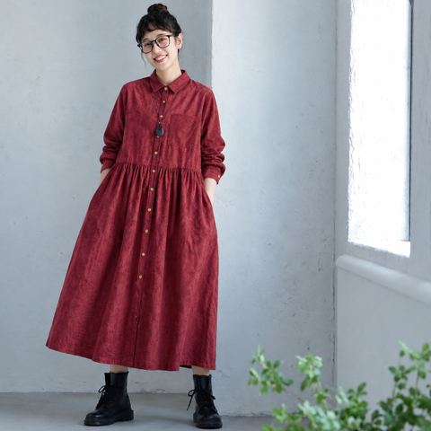 M-2XL コーデュロイ 折り襟 ギャザーデザイン カジュアル ロングワンピース M ワインレッド