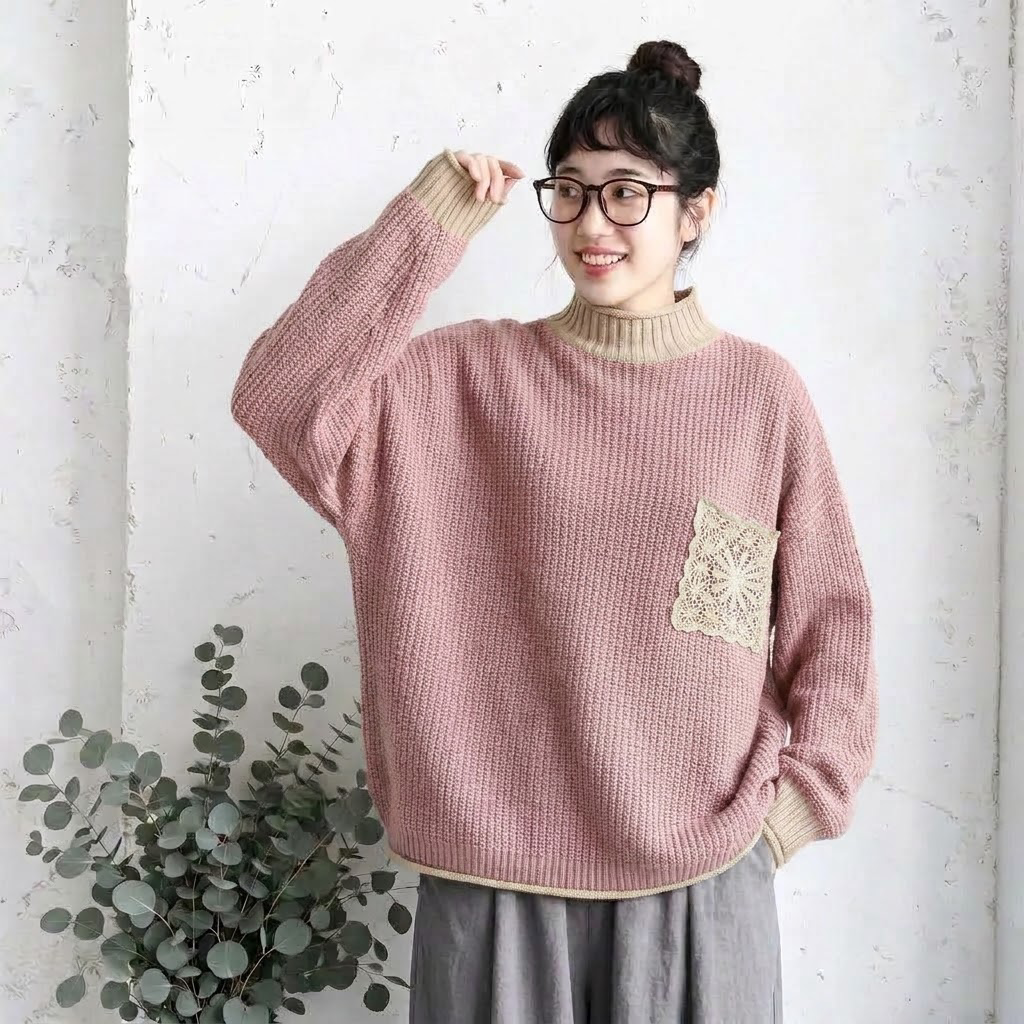 M-3XL 切り替え ハーフネック レトロ ニットセーター M ピンク