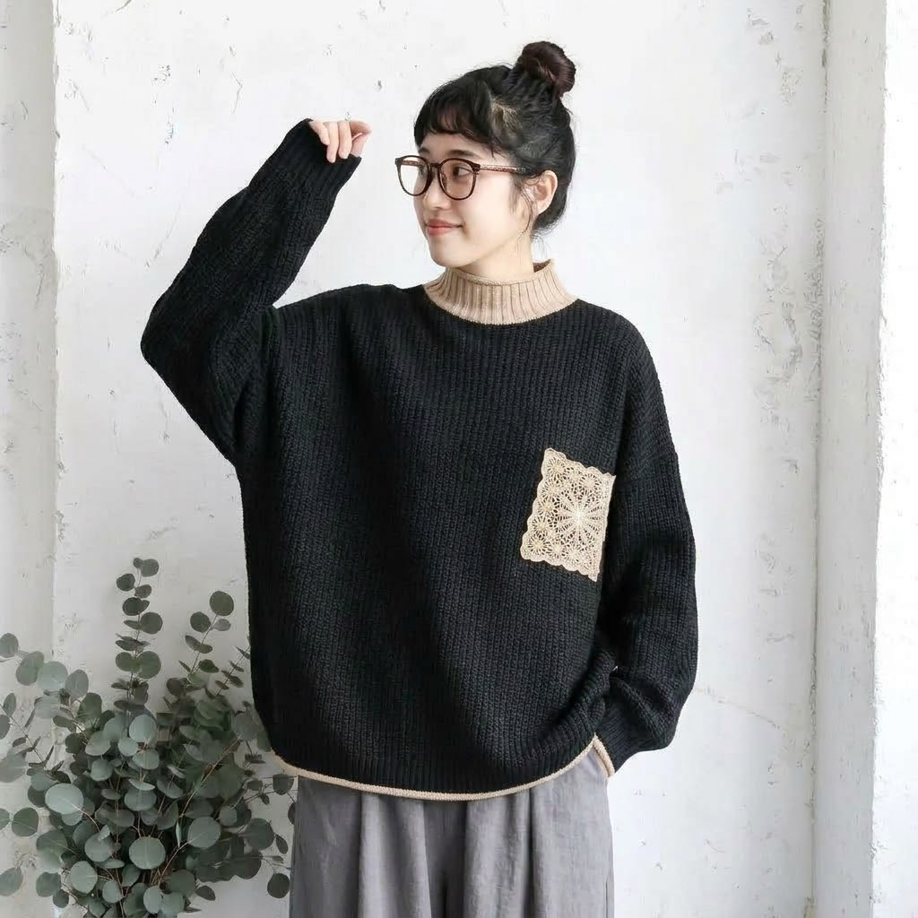 M-3XL 切り替え ハーフネック レトロ ニットセーター M ブラック
