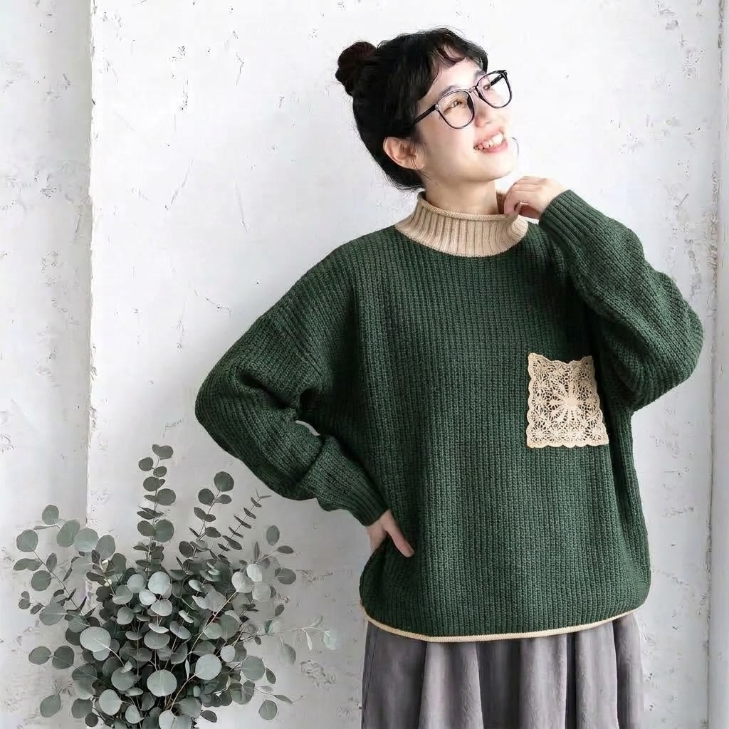 M-3XL 切り替え ハーフネック レトロ ニットセーター M コーヒー