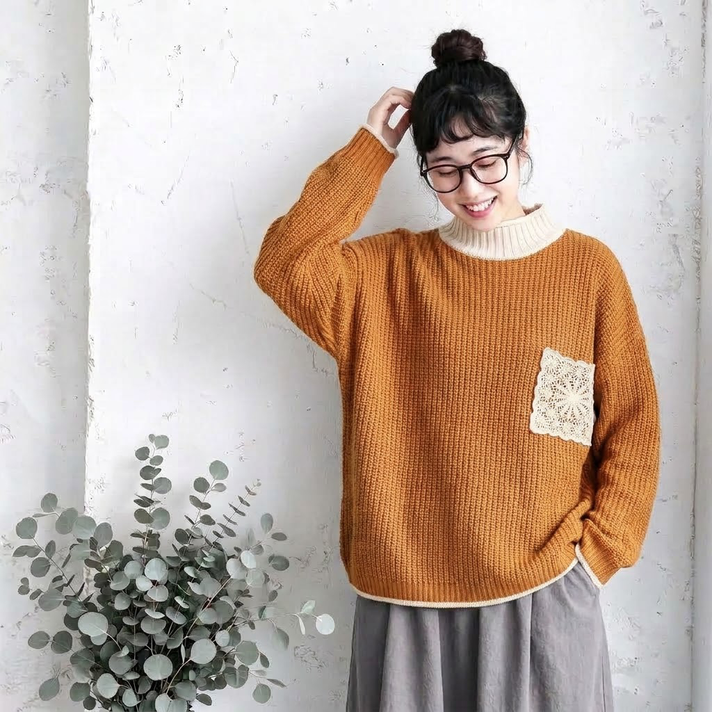 M-3XL 切り替え ハーフネック レトロ ニットセーター M コーヒー