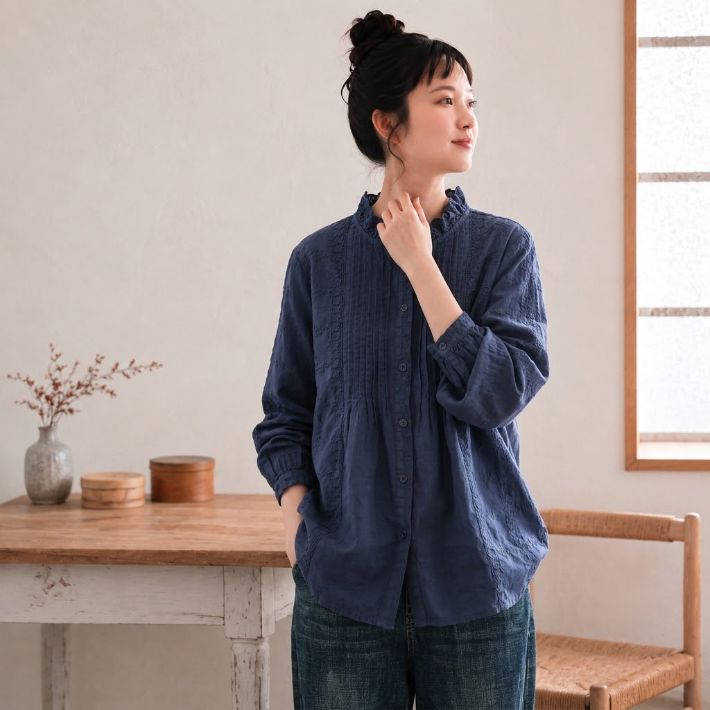 レース付きピンタックブラウス：ネイビーの正面着用