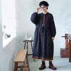 小花柄  長袖 スタンドカラー ウエストドローコード レース裾 ゆったり ナチュラル 秋冬ワンピース M ネイビー
