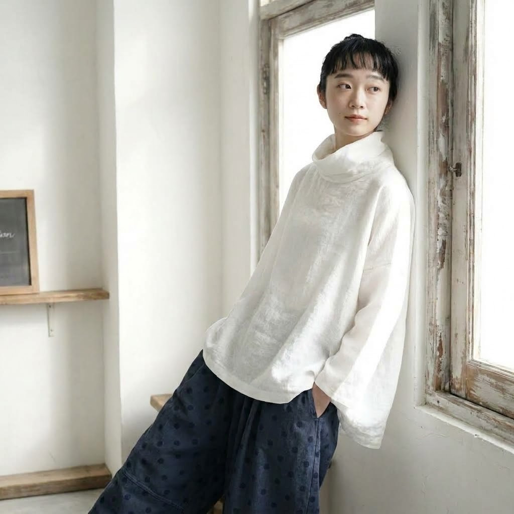 無地 クシュクシュネック Tシャツ M ホワイト