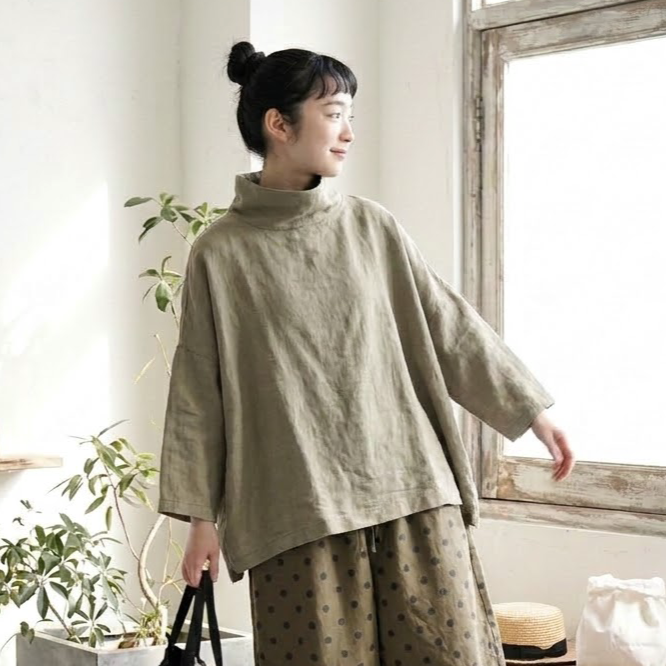 無地 クシュクシュネック Tシャツ M カーキ