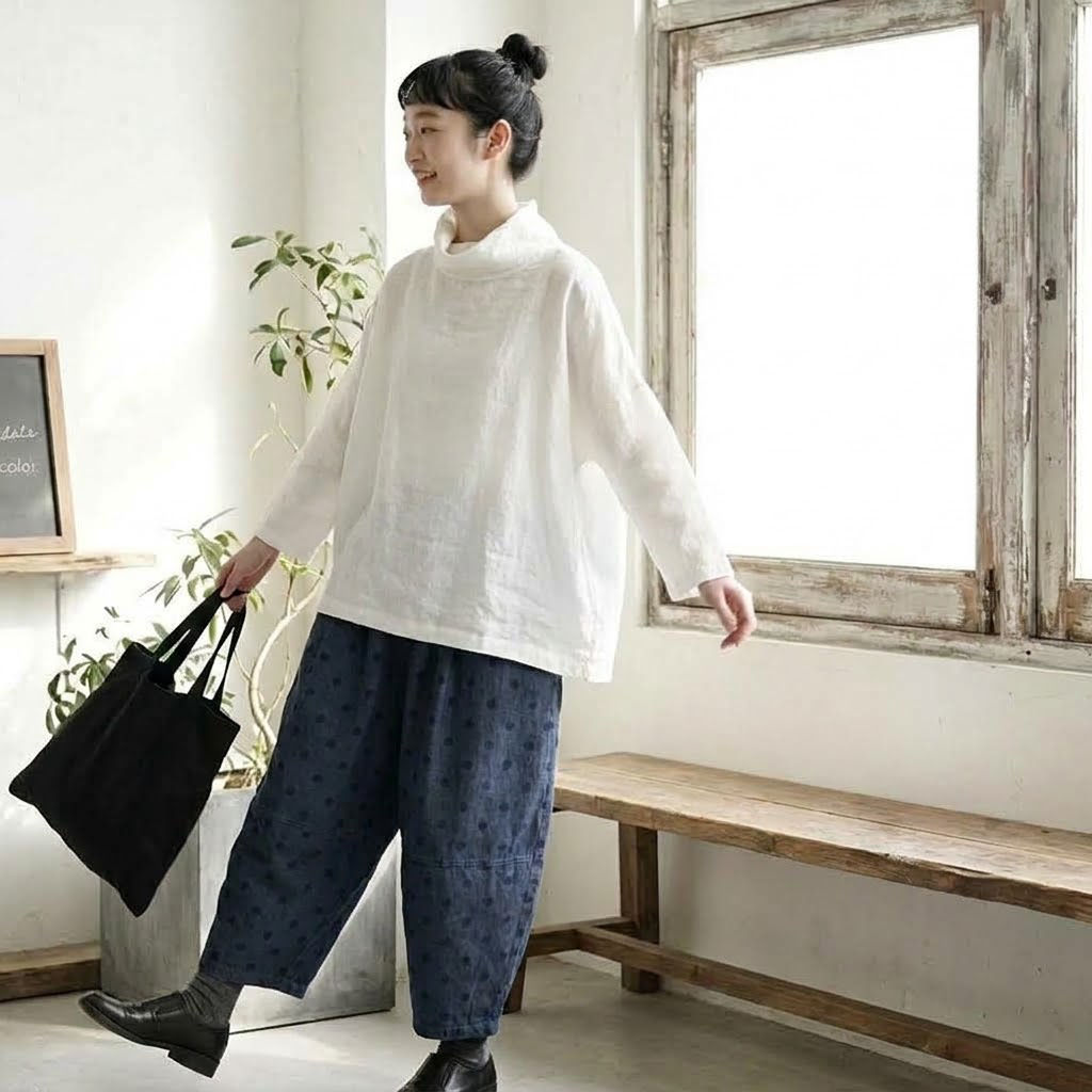 無地 クシュクシュネック Tシャツ M グリーン