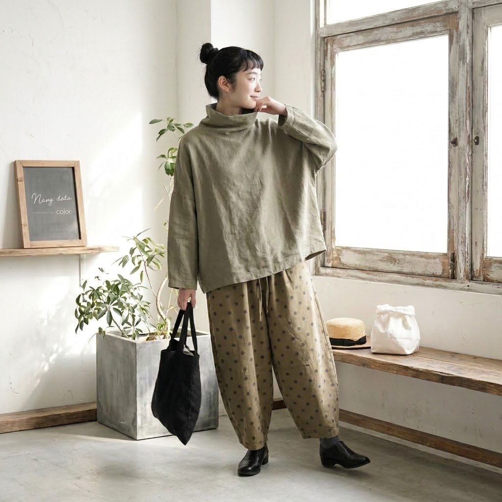 無地 クシュクシュネック Tシャツ M グリーン