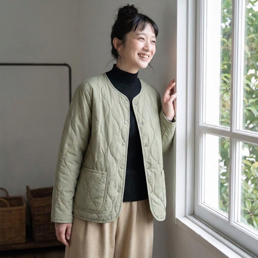 「今 着たい」 ノーマルスリーブ 無地 長袖 縁取り加工 ボタン 森ガール 中綿コート M ライトグリーン