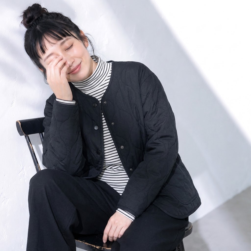 「今 着たい」 ノーマルスリーブ 無地 長袖 縁取り加工 ボタン 森ガール 中綿コート M ブラック