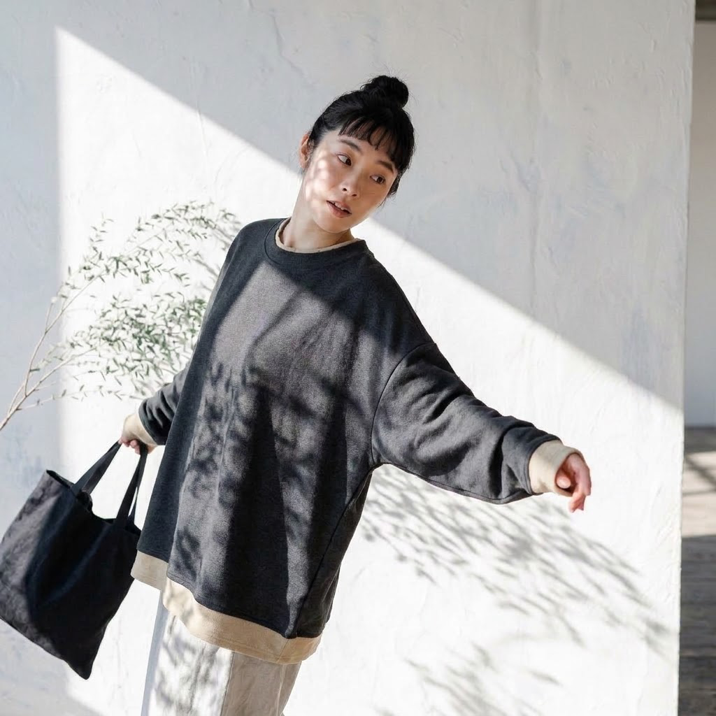 配色 長袖 無地 重ね着風 Tシャツ M グレー