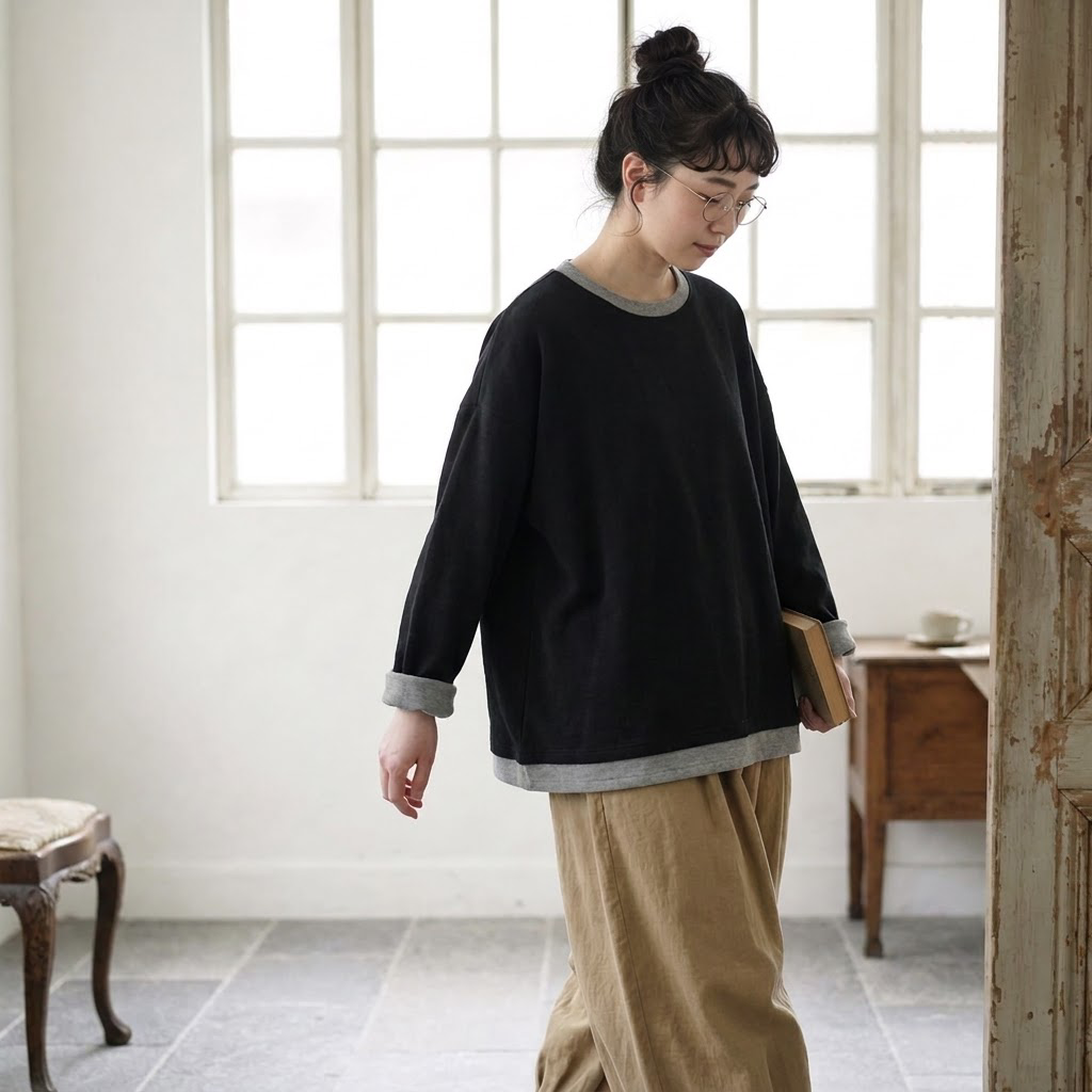配色 長袖 無地 重ね着風 Tシャツ M ブラック