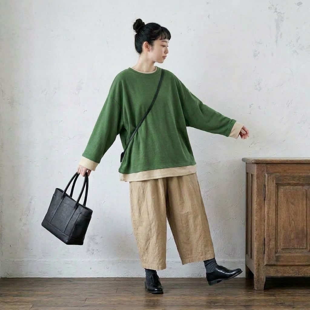 配色 長袖 無地 重ね着風 Tシャツ M グリーン