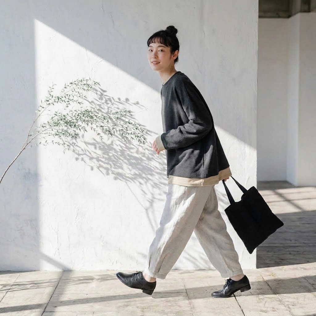 配色 長袖 無地 重ね着風 Tシャツ M グレー