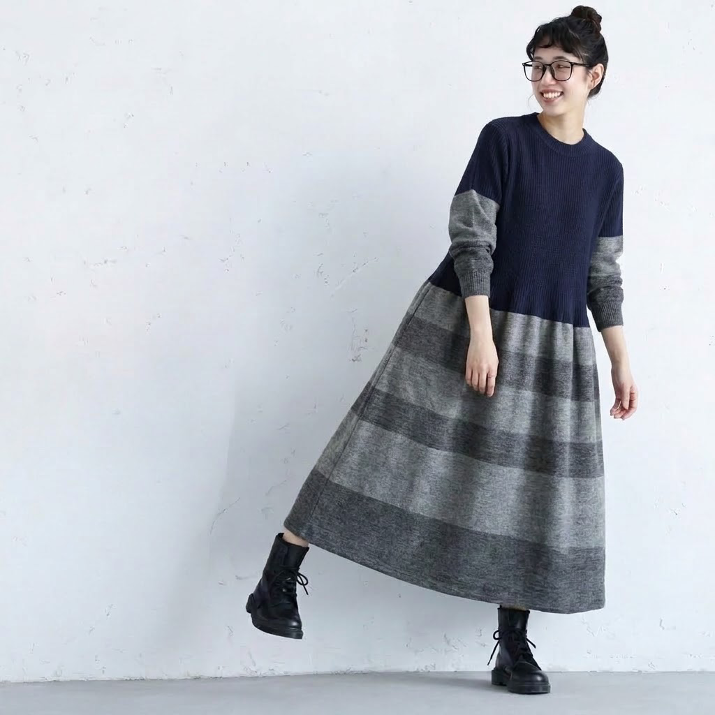S-L 女性らしさ全開♡ 配色 ラウンドネック カジュアル 長袖 Aライン ワンピース S 写真通り
