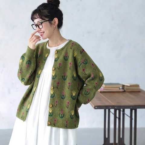 S-2XL 植物 花模様 ラウンドネック シングルブレスト ニット カーディガン S グリーン
