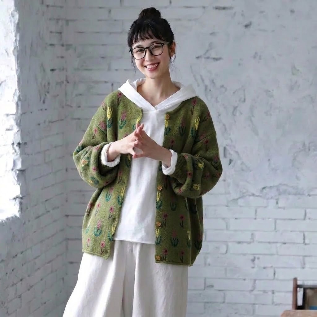 S-2XL 植物 花模様 ラウンドネック シングルブレスト ニット カーディガン S グリーン
