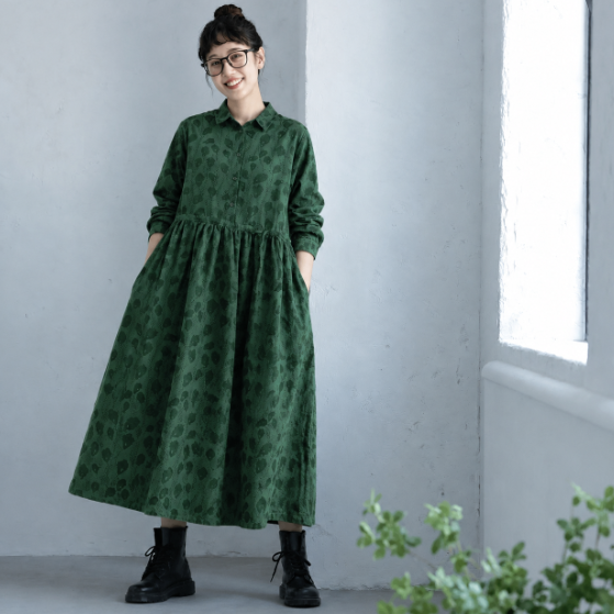 M-2XL ジャカード 折り襟 ナチュラル カジュアル ロングワンピース M グリーン