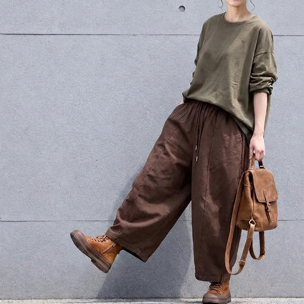 ゆるみシルエット ウエスト紐の楽ちんワイドパンツ M ブラウン