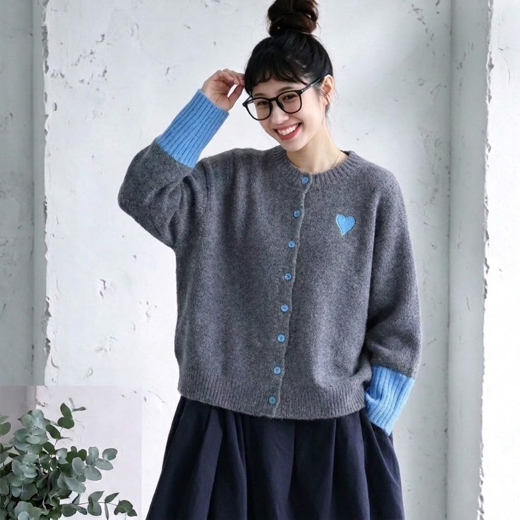 S-2XL ハート刺繍 長袖 配色 ラウンドネック ファッション ニットセーター S ブルー
