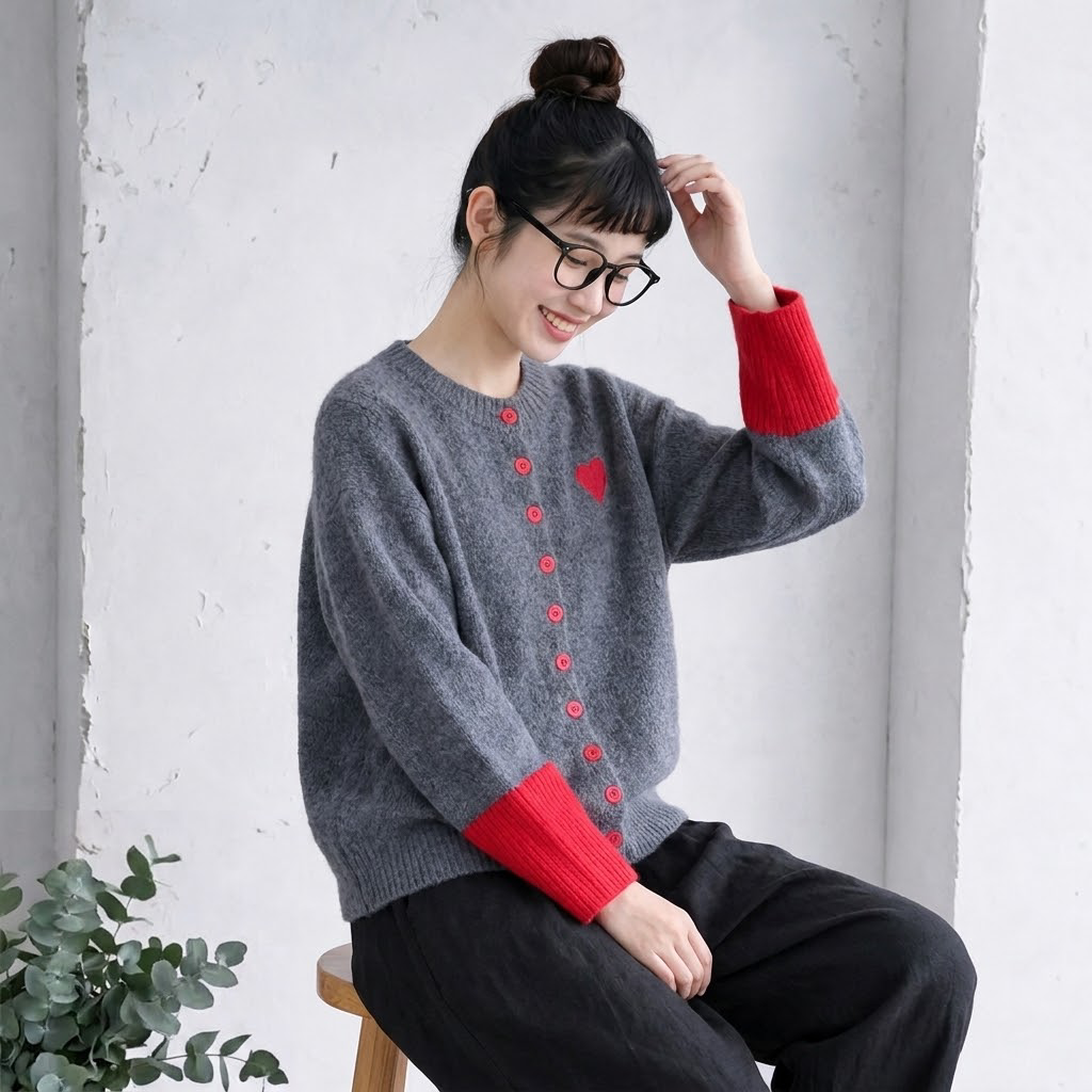 S-2XL ハート刺繍 長袖 配色 ラウンドネック ファッション ニットセーター S ブルー
