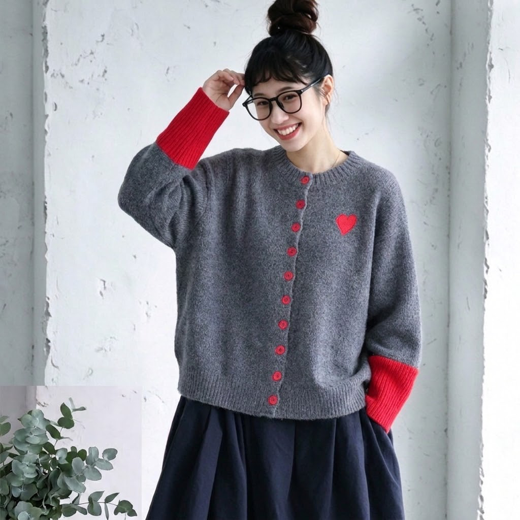 S-2XL ハート刺繍 長袖 配色 ラウンドネック ファッション ニットセーター S ブルー