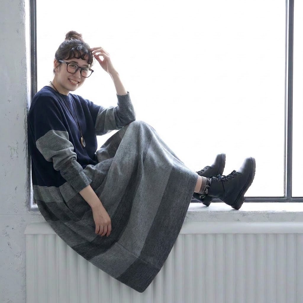 切り替えボーダー ロング丈 ゆったりシルエット 体型カバー 秋冬 レディース カジュアルワンピース S ネイビー