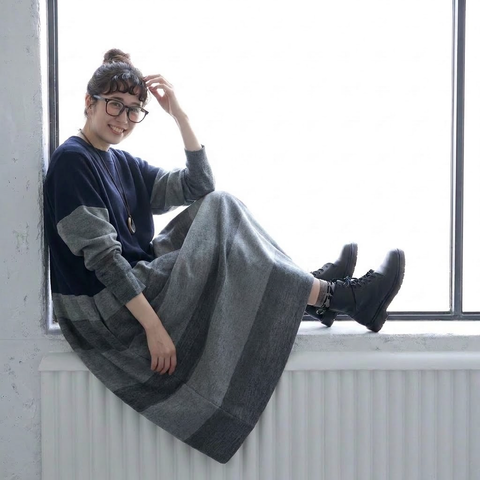 切り替えボーダー ロング丈 ゆったりシルエット 体型カバー 秋冬 レディース カジュアルワンピース S ネイビー