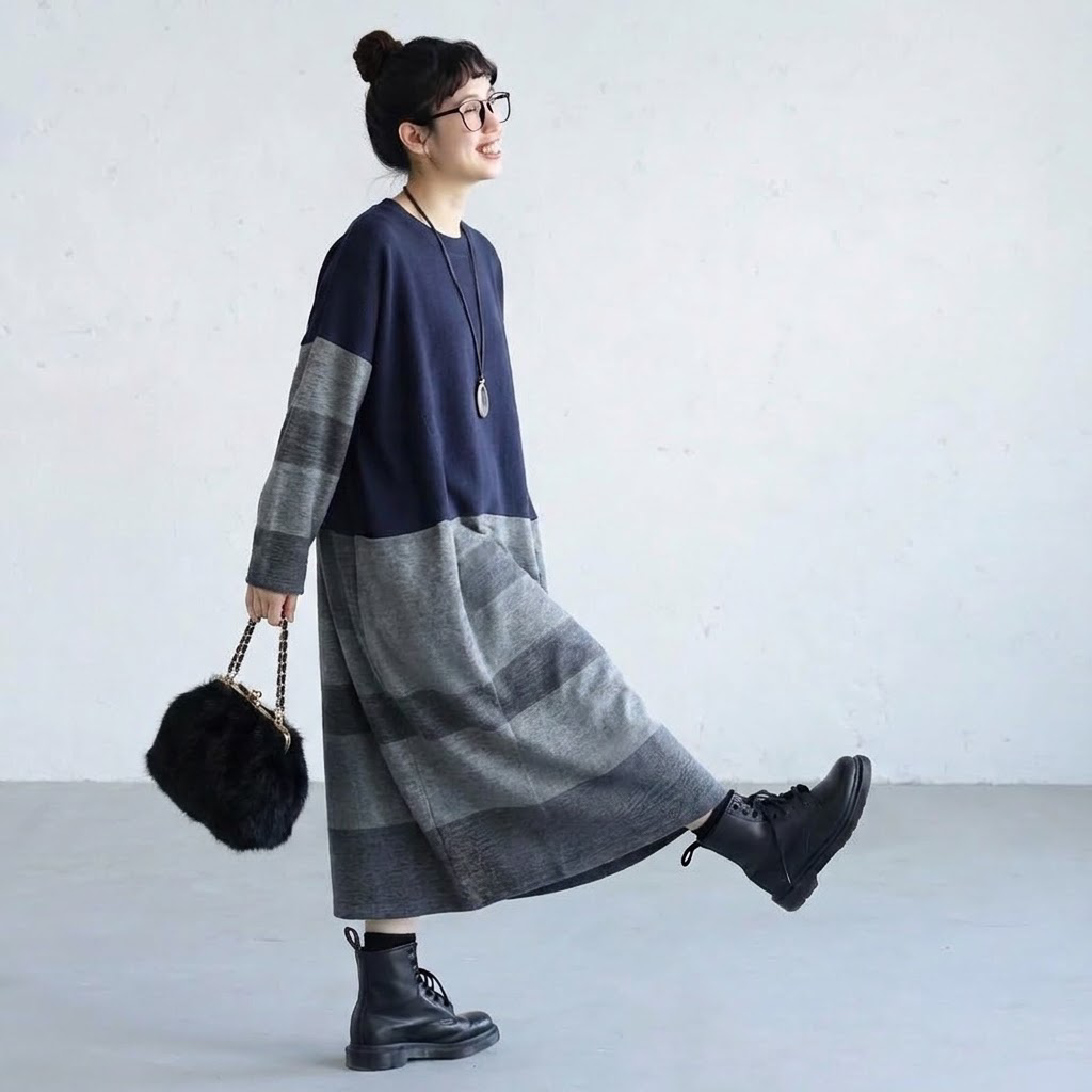 切り替えボーダー ロング丈 ゆったりシルエット 体型カバー 秋冬 レディース カジュアルワンピース S ネイビー