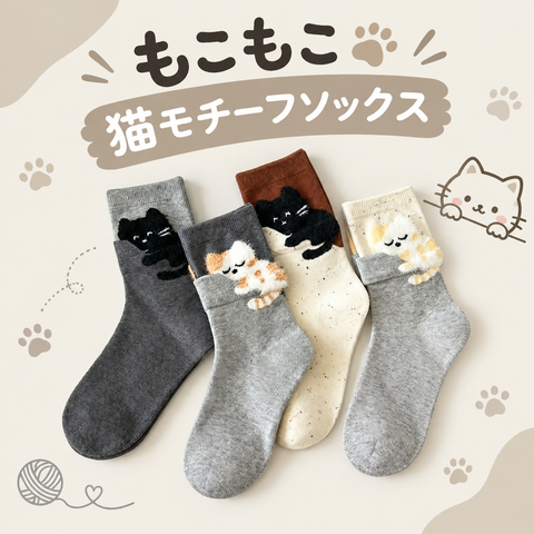 もこもこ 猫モチーフソックス 商品説明画像
