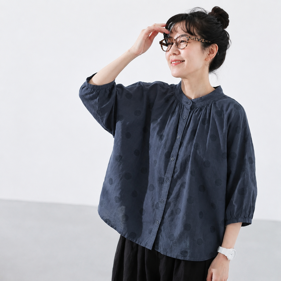 【ゆったり】可愛いドット柄シャツ S/M/L 体型カバー さらっと着られて、毎日着たくなる！ S ネイビー