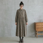 M-2XL レトロ チェック ゆったり シャツカラー ポケット付き ロングワンピース M 写真通り