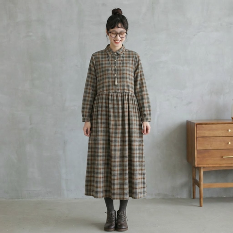 M-2XL レトロ チェック ゆったり シャツカラー ポケット付き ロングワンピース M 写真通り
