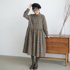 M-2XL レトロ チェック ゆったり シャツカラー ポケット付き ロングワンピース M 写真通り