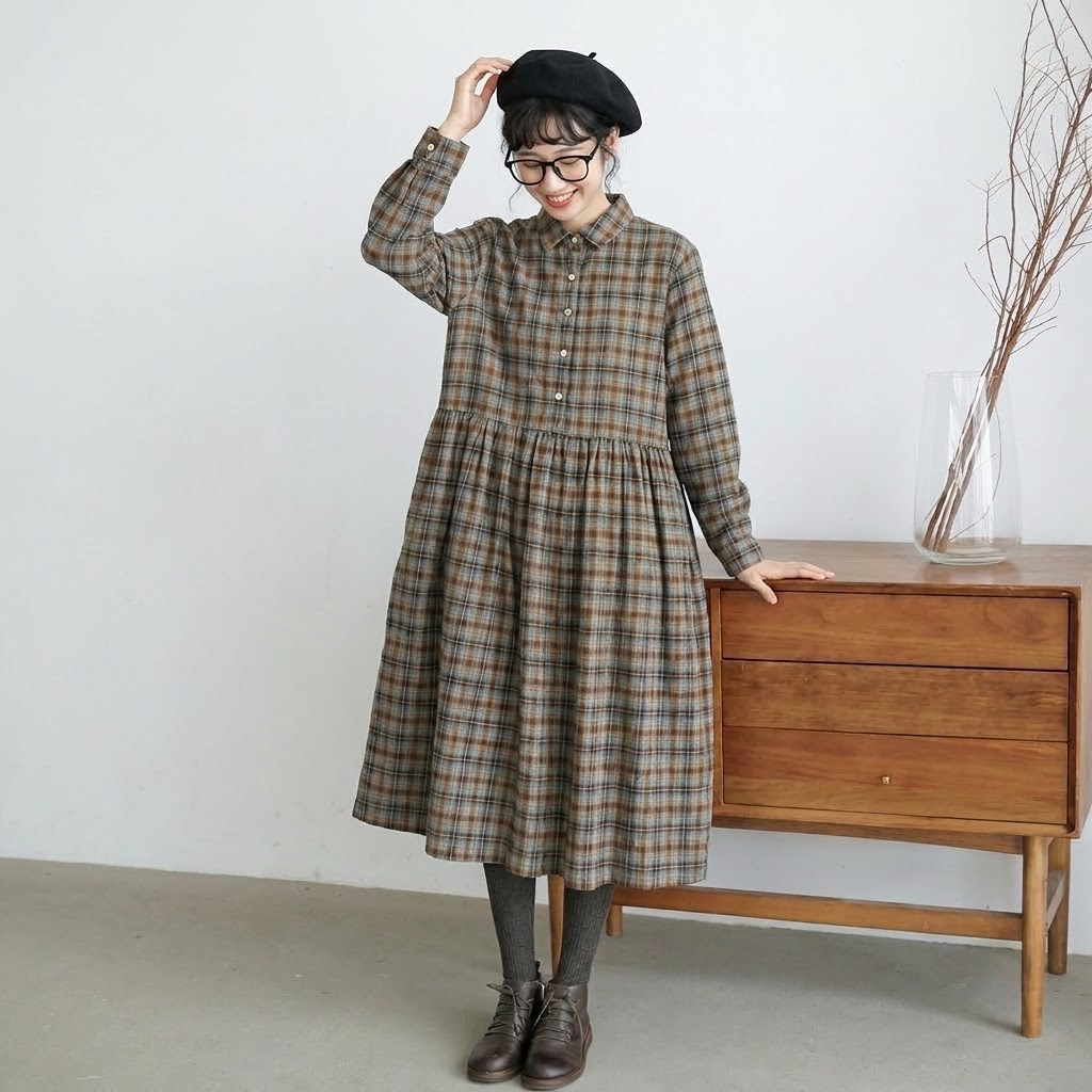M-2XL レトロ チェック ゆったり シャツカラー ポケット付き ロングワンピース M 写真通り