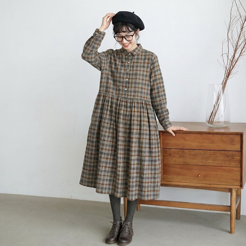 M-2XL レトロ チェック ゆったり シャツカラー ポケット付き ロングワンピース M 写真通り