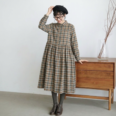 M-2XL レトロ チェック ゆったり シャツカラー ポケット付き ロングワンピース M 写真通り