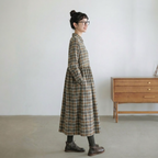 M-2XL レトロ チェック ゆったり シャツカラー ポケット付き ロングワンピース M 写真通り
