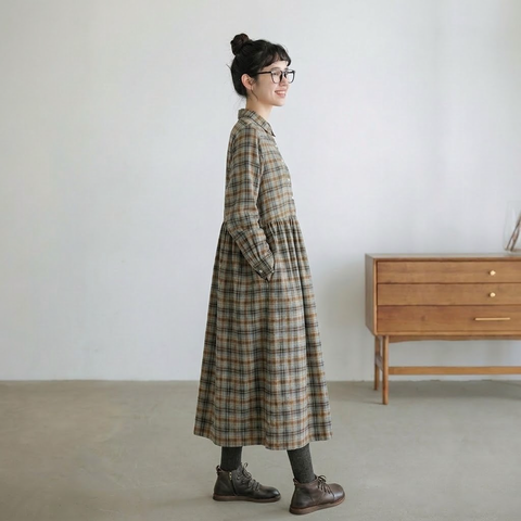 M-2XL レトロ チェック ゆったり シャツカラー ポケット付き ロングワンピース M 写真通り