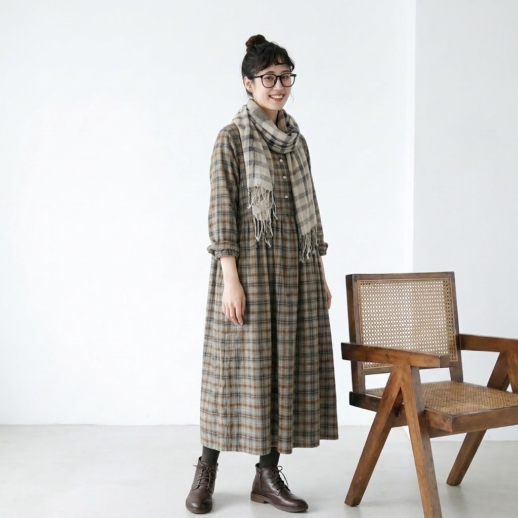 M-2XL レトロ チェック ゆったり シャツカラー ポケット付き ロングワンピース M 写真通り