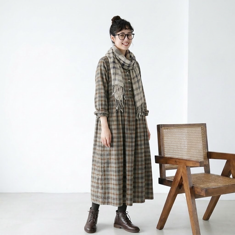 M-2XL レトロ チェック ゆったり シャツカラー ポケット付き ロングワンピース M 写真通り