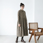 M-2XL レトロ チェック ゆったり シャツカラー ポケット付き ロングワンピース M 写真通り