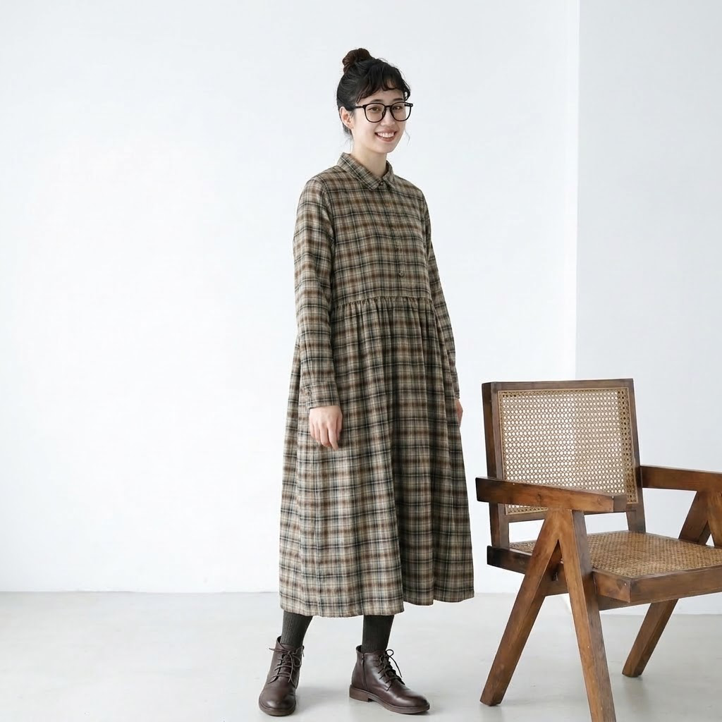 M-2XL レトロ チェック ゆったり シャツカラー ポケット付き ロングワンピース M 写真通り