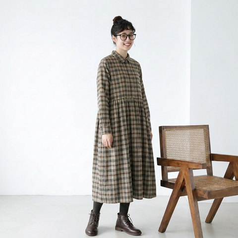 M-2XL レトロ チェック ゆったり シャツカラー ポケット付き ロングワンピース M 写真通り