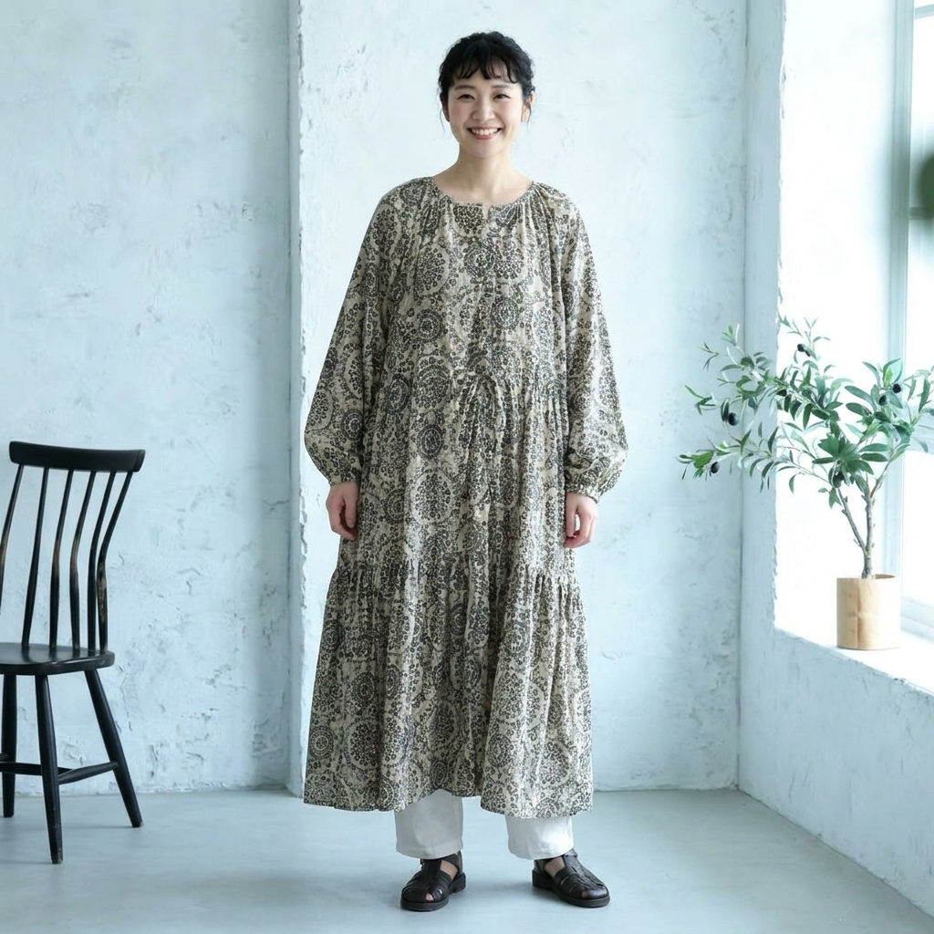 M-2XL プリント 長袖 ワンピ M 写真通り