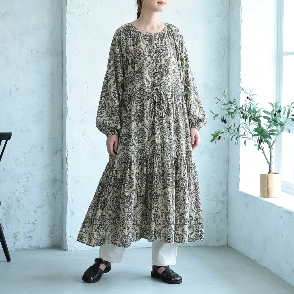 M-2XL プリント 長袖 ワンピ M 写真通り