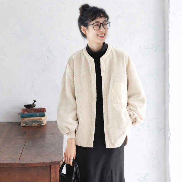 M-2XL 無地 裏起毛 ゆったり ラウンドネック カジュアル ジャケット M ベージュ