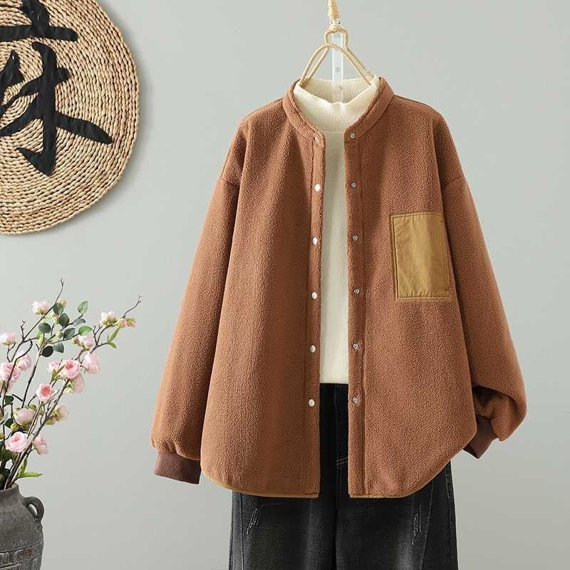 M-2XL 無地 裏起毛 ゆったり ラウンドネック カジュアル ジャケット M ベージュ
